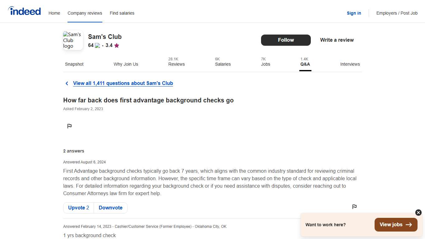 How far back does first advantage background checks go | Sam's Club | Indeed.com